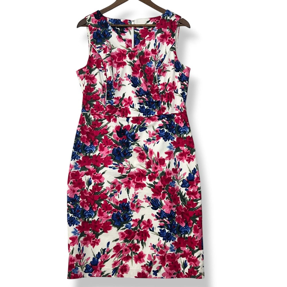 Talbots Sheath Dress‎ 10 Pink Blue Floral Garden Cotton Stretch Wedding Guest